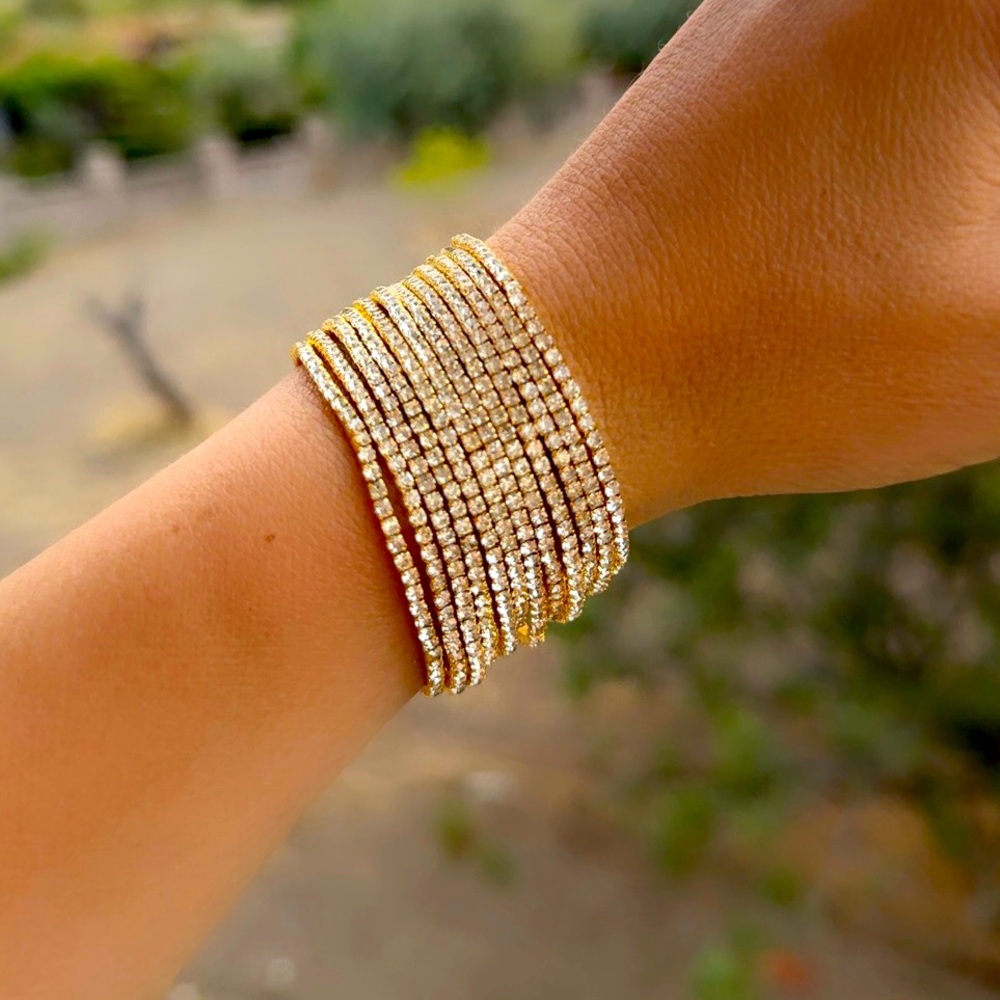 Rhinestone Crystal Layered Stretch Bracelets | 12 PCS (Gold & White Rhinestone)